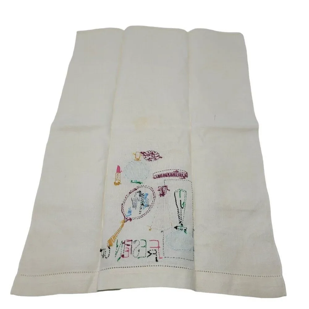 Vtg 60s Embroidered Linen Hand Towel Set Kitschy Vanity‎ Bathroom Prop Display